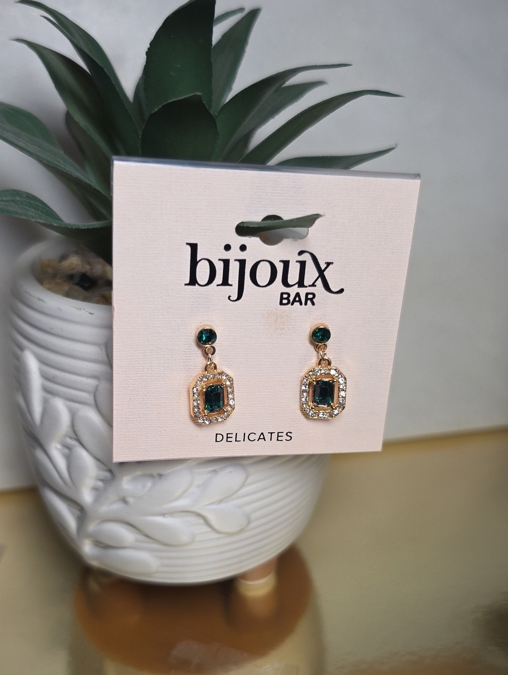 Bijoux Bar Gold Tone Emerald Drop Earrings